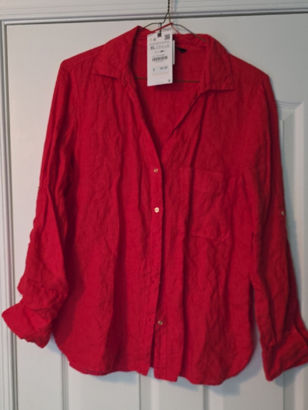 Zara Red Button-Front Long Sleeve Blouse